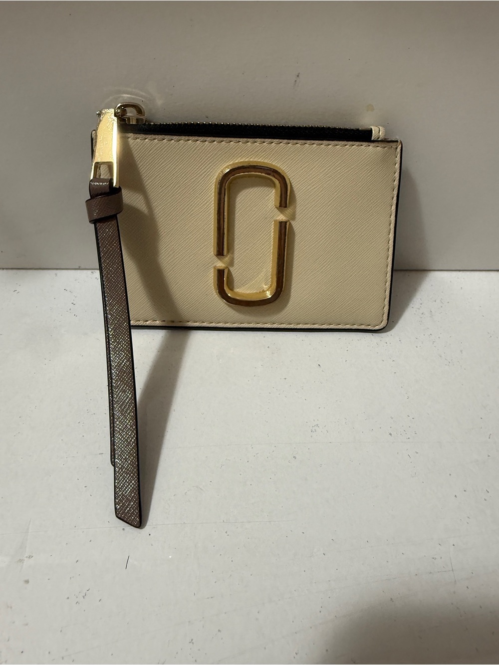 Marc Jacobs Cream Leather Card Pouch with Gold Logo and Brown Wrist Strap